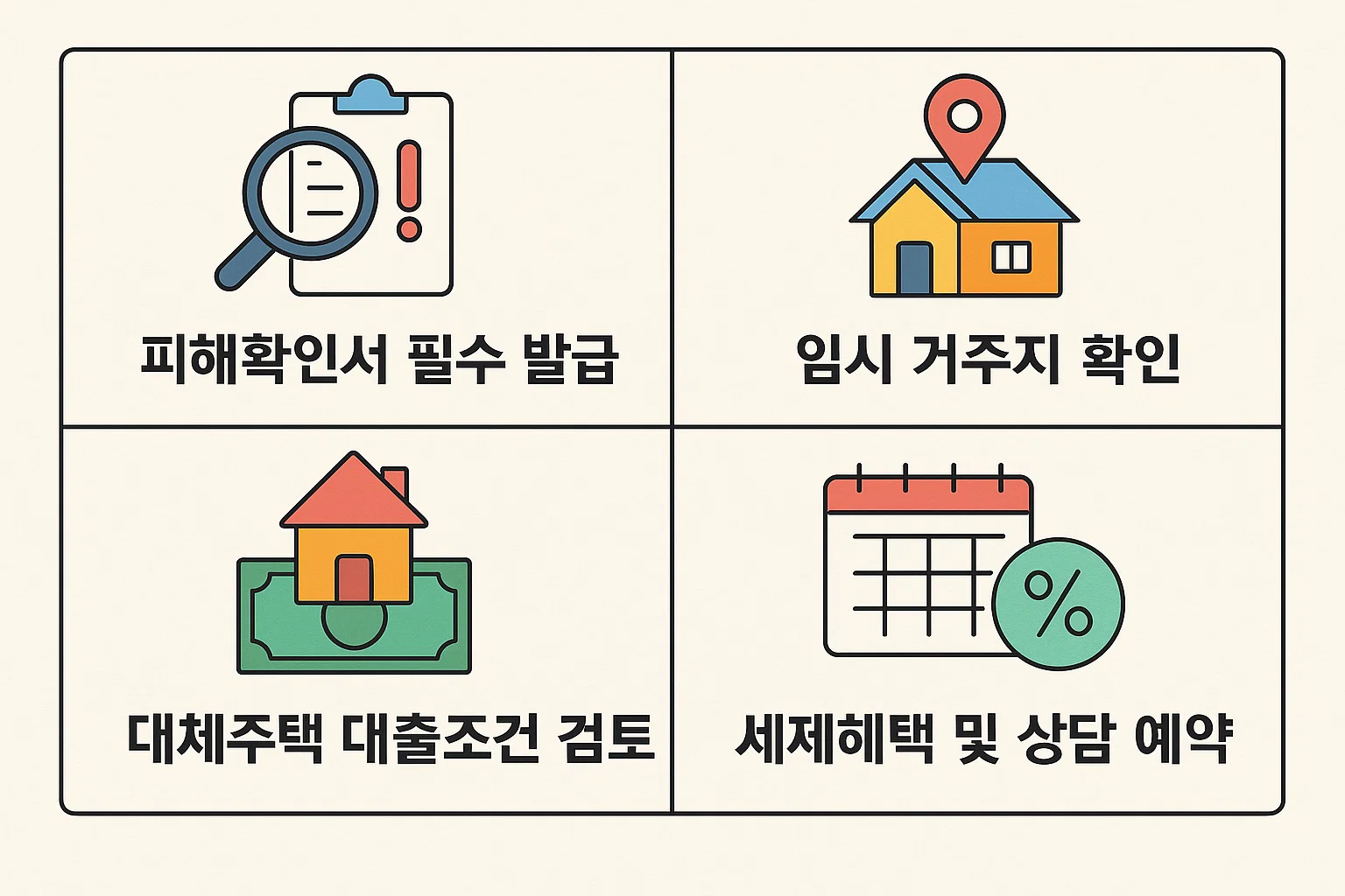 피해확인서 발급, 임시 거주지 확인, 대체주택 대출 조건 검토, 세제 혜택 및 상담 예약 등 실무에 필요한 핵심 절차를 정리한 인포그래픽.