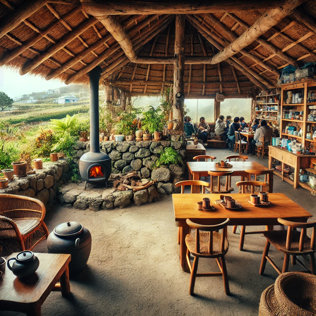 제주도의 시골 지역에 있는 작은 소박한 카페. 나무와 돌로 지어진 카페는 초가지붕과 지역 식물들로 가득한 작은 정원이 있음. 내부는 나무 테이블과 의자가 깔끔하게 배치되어 있으며, 구석에는 아늑한 벽난로가 있음. 창문을 통해 근처 언덕의 경치를 감상할 수 있으며, 손님들은 전통 제주 차와 간식을 즐기고 있음.