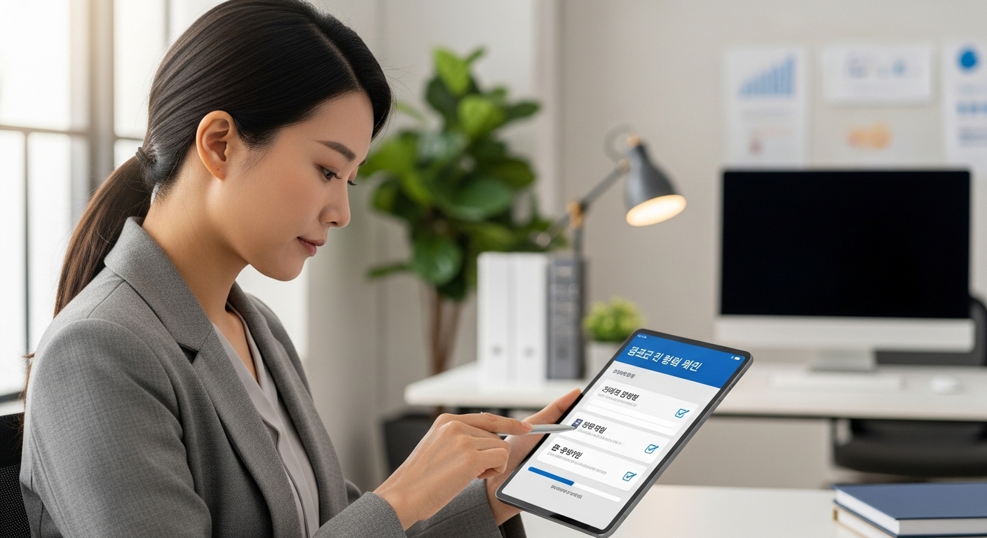 태블릿으로 전자세금계산서 발행 체크리스트를 꼼꼼히 확인하는 한국인 여성의 모습