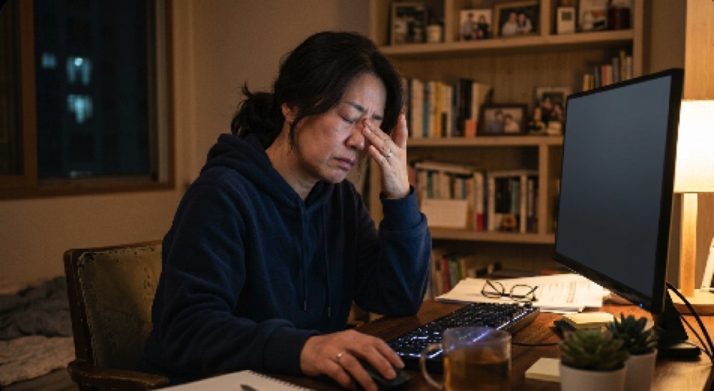 야간에 컴퓨터 사용 중 눈의 피로