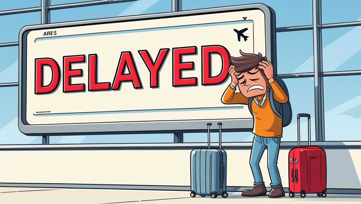 공항의 전광판 앞, 'DELAYED'라는 빨간 글씨가 크게 보이고, 그 앞에 여행객 캐릭터가 좌절한 표정으로 머리를 감싸 쥐고 있음