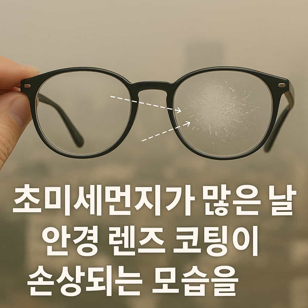 초미세먼지가 많은 날 안경 렌즈 코팅이 손상되는 모습을 보여주는 이미지