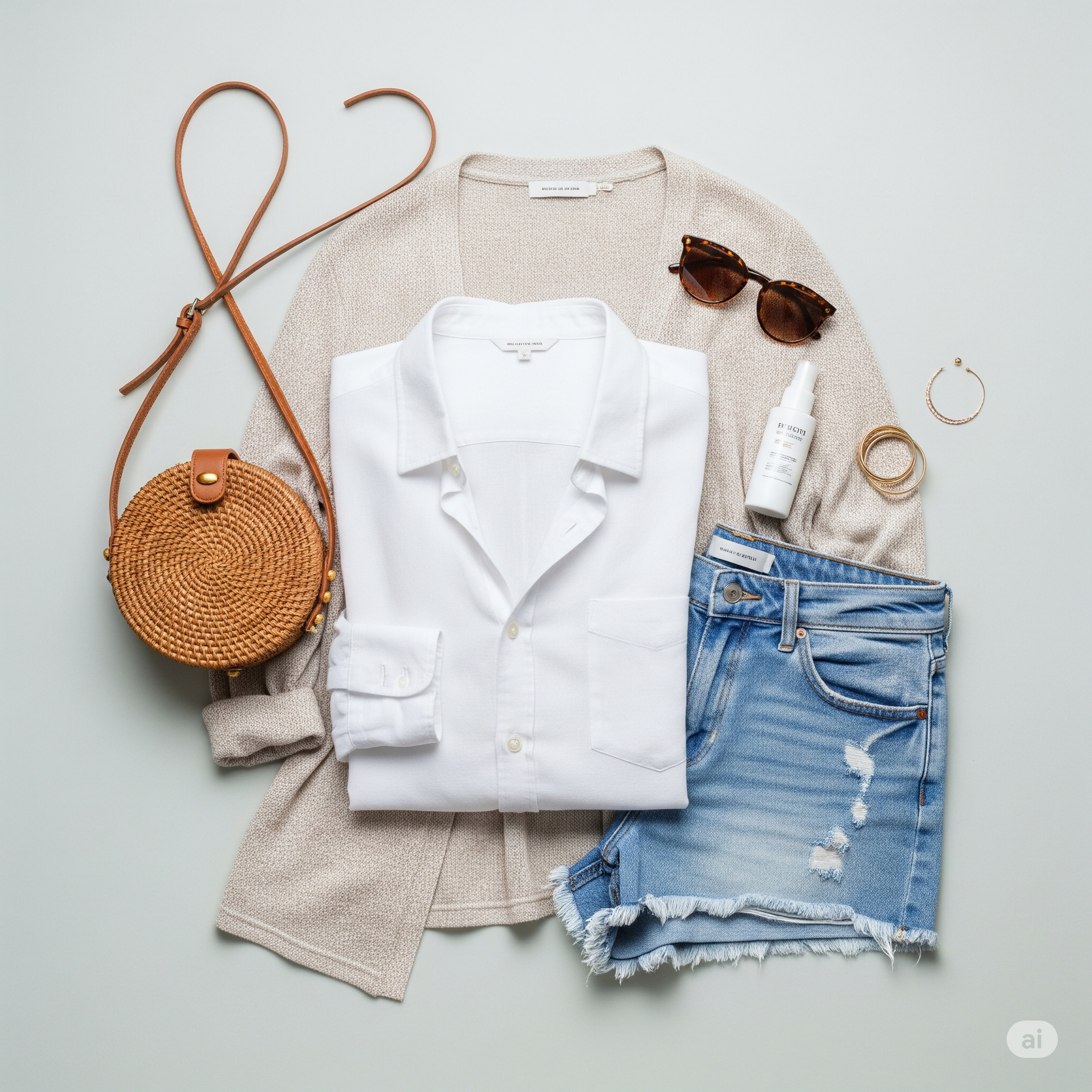 흰색 리넨 셔츠, 데님 반바지, 베이지색 가디건, 라탄백, 선글라스 등 여름 시즌오프 세일 필수 아이템들이 깔끔하게 정돈되어 있는 평면 사진.