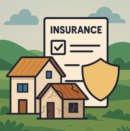 "농촌 빈집 보험을 상징하는 일러스트, 보험 문서와 방패, 관리된 집과 노후 빈집이 함께 표현된 디자인"