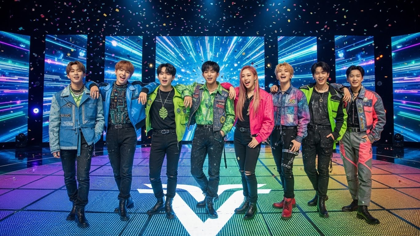 풋풋하고 에너지 넘치는 신인 K-POP 아이돌 그룹 멤버들이 함께 서 있는 모습