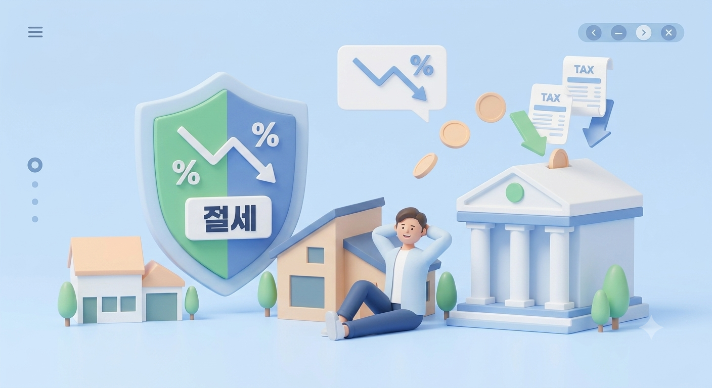 '절세'라고 적힌 튼튼한 방패가 무거운 세금을 막아주고, 절약된 자금이 은행으로 들어가는 모습을 보며 여유롭게 미소 짓는 사람을 통해 효과적인 세금 방어 전략을 표현한 3D 일러스트