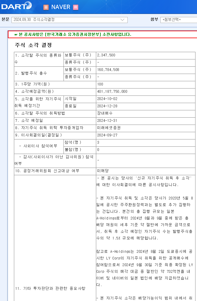 네이버 주식소각결정