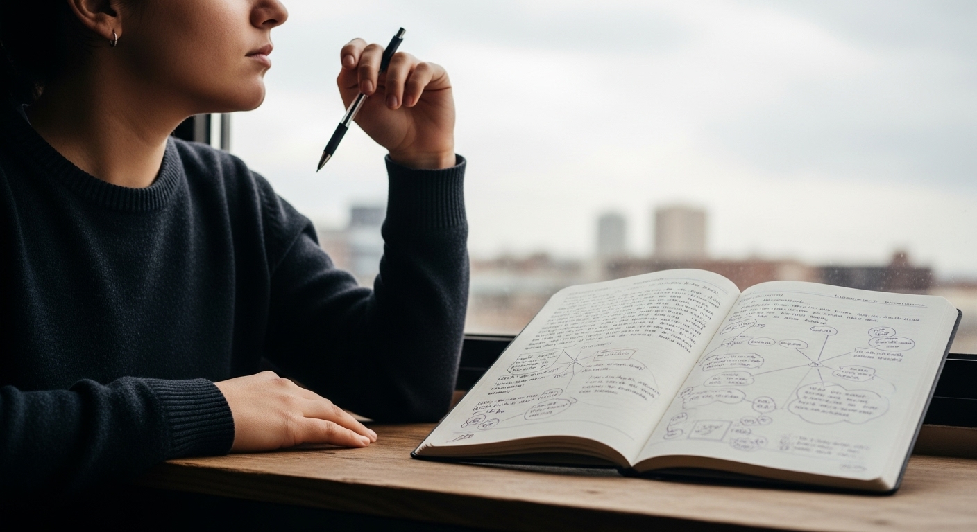 창밖을 보며 자신의 감정을 깊이 성찰하는 사람의 모습.