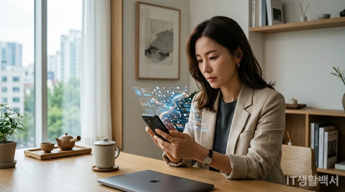 스마트폰 화면에 온디바이스 AI 데이터 처리 과정을 보여주는 한국인