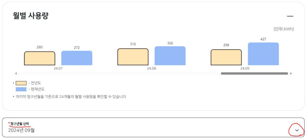 요금조회 : 월별 사용량 화면