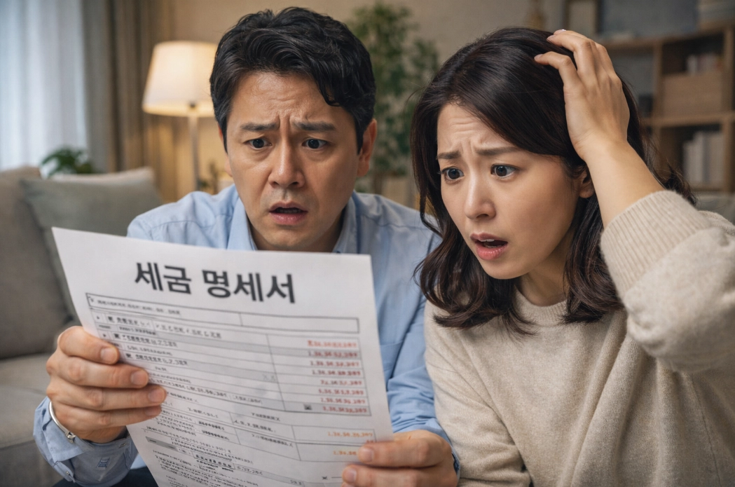 양도소득세 중과 유예 종료 이후 세금 명세서를 보고 놀라는 40대 부부 모습