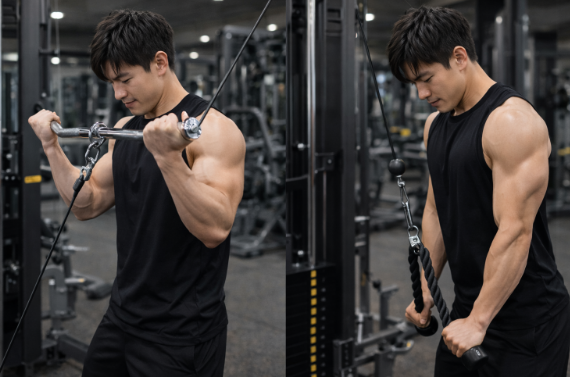 케이블 컬과 케이블 푸시다운 슈퍼세트를 하는 남자의 모습