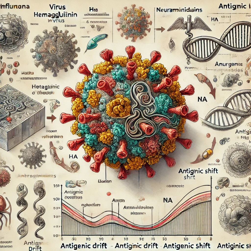 독감 바이러스의 변이 과정을 설명하는 의료 일러스트