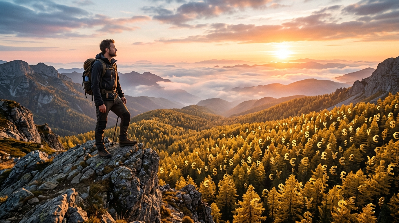 산 정상에 서서 황금빛 복리의 숲을 바라보는 당당한 청년 투자자의 뒷모습