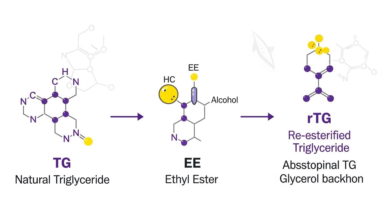 오메가-3의 TG, EE, rTG 형태의 분자 구조와 흡수 차이를 설명하는 인포그래픽 또는 다이어그램입니다.