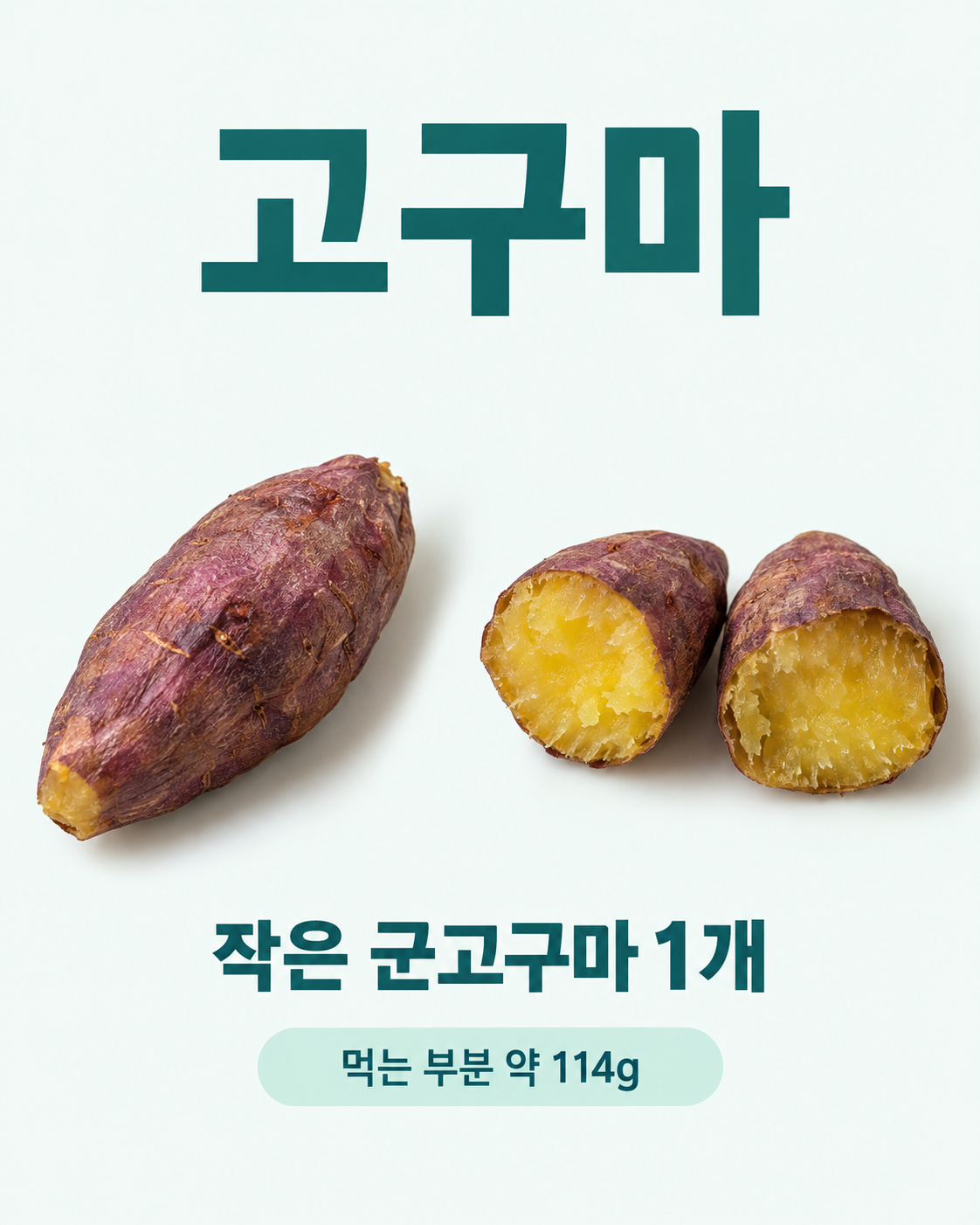고구마 실사 인포그래픽. 작은 고구마 1개와 반으로 나눈 두 쪽 = 1개를 비교하여 작은 구운 고구마 약 1개를 보여줍니다.