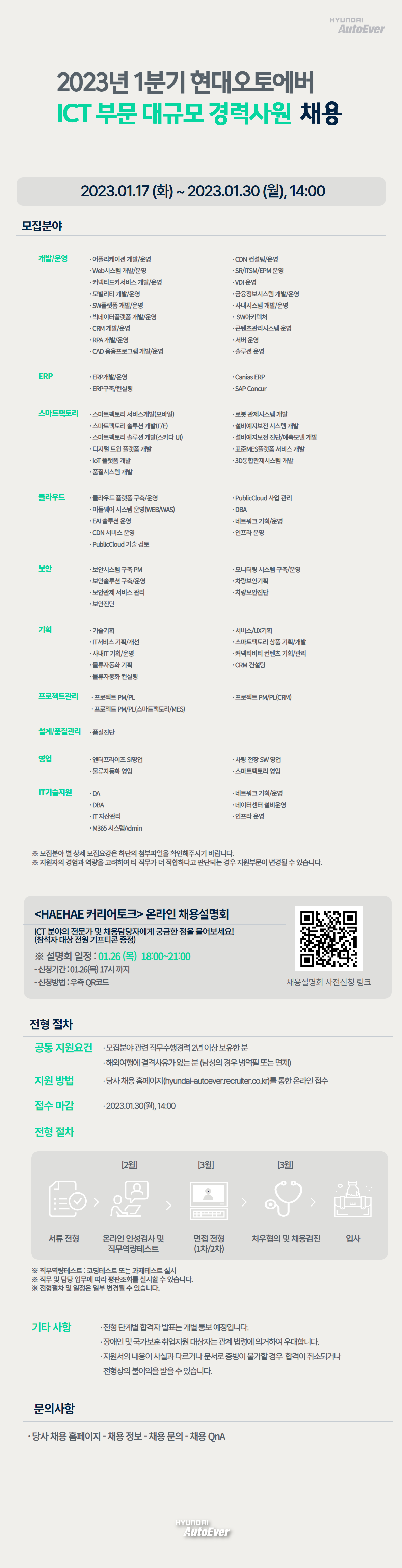 2023년 1분기 현대오토에버 ICT 부문 대규모 경력사원 채용