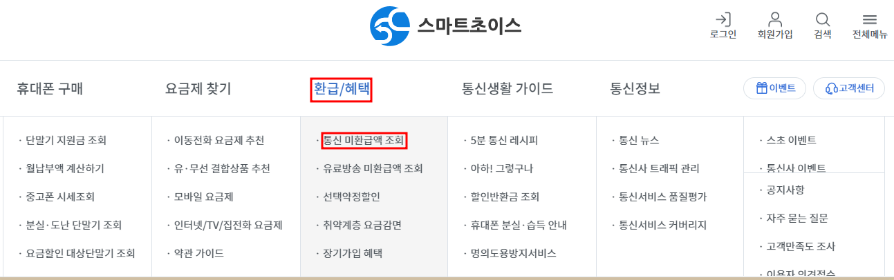 스마트초이스 통신비 미환급금 조회 _ 환급 메뉴