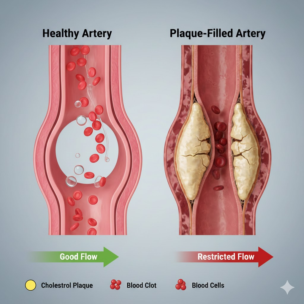 깨끗한 혈관과 플라크가 쌓인 혈관을 비교하는 단면 그래픽 이미지