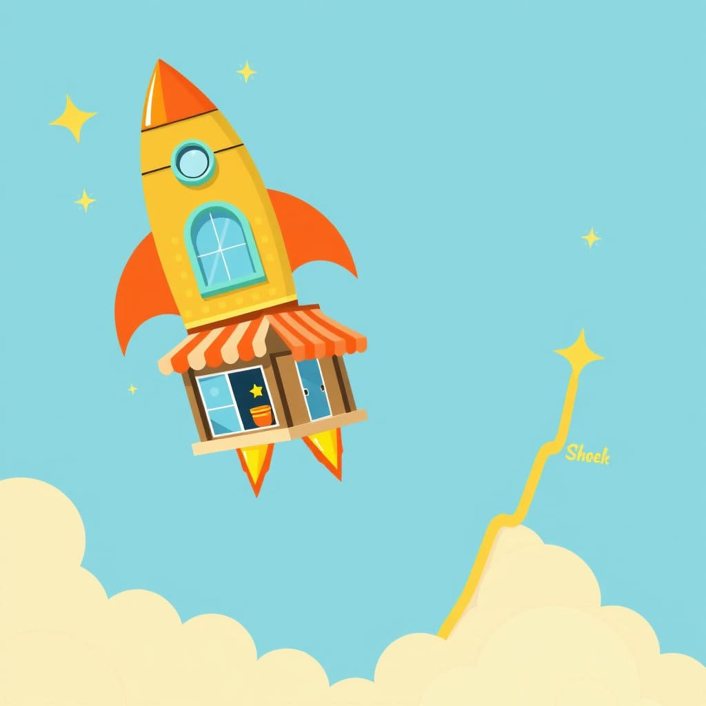 작은 가게가 로켓처럼 변하여 하늘로 솟아오르는 모습입니다. 주변에는 별이나 성장 그래프가 함께 그려져 미래 지향적이고 긍정적인 이미지를 강조하며, 역동적인 색감과 구도를 사용합니다.