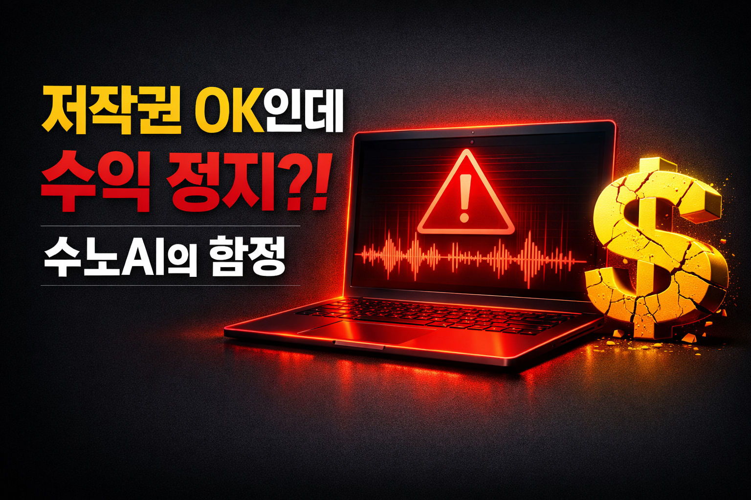alt="노트북 화면에 빨간 경고 아이콘과 깨지는 달러 기호가 보이고 저작권 OK인데 수익 정지 수노AI의 함정이라는 문구가 적힌 유튜브 썸네일 이미지"