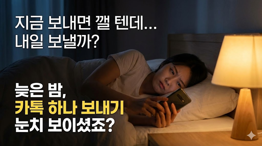 어두운 침실에서 스마트폰을 보며 고민하는 사람의 이미지를 통해 누구나 공감할 수 있는 문제 상황을 제시하여 독자의 몰입을 이끌어냅니다.