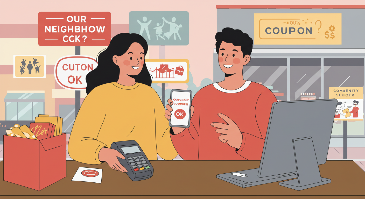 지역 내 단골 매장에서 소비쿠폰을 활용해 결제하는 따뜻한 분위기의 일러스트
