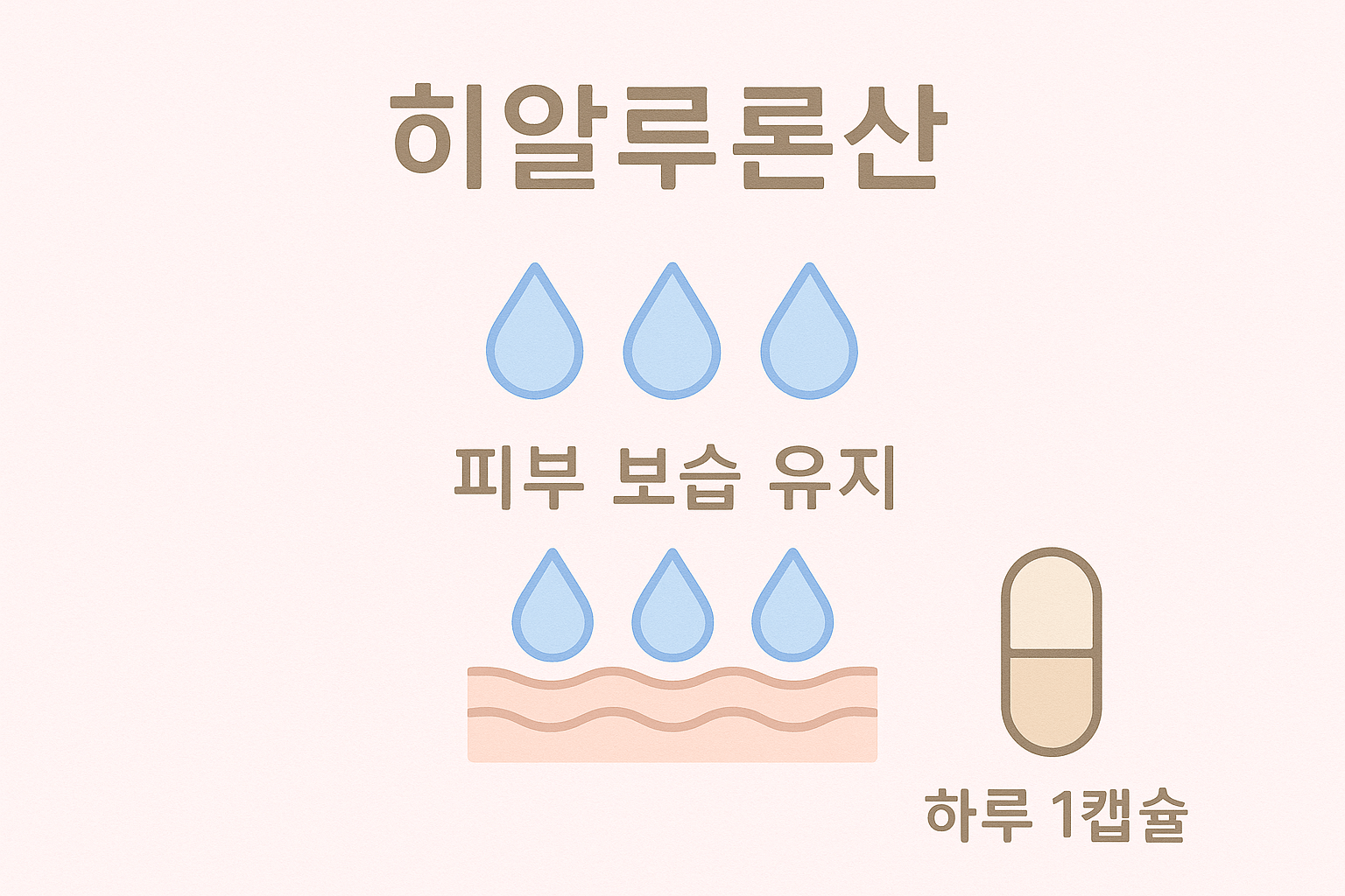 히알루론산 피부 보습 유지 그래픽(물방울 아이콘, 피부층 이미지, 하루 1캡슐 표기)