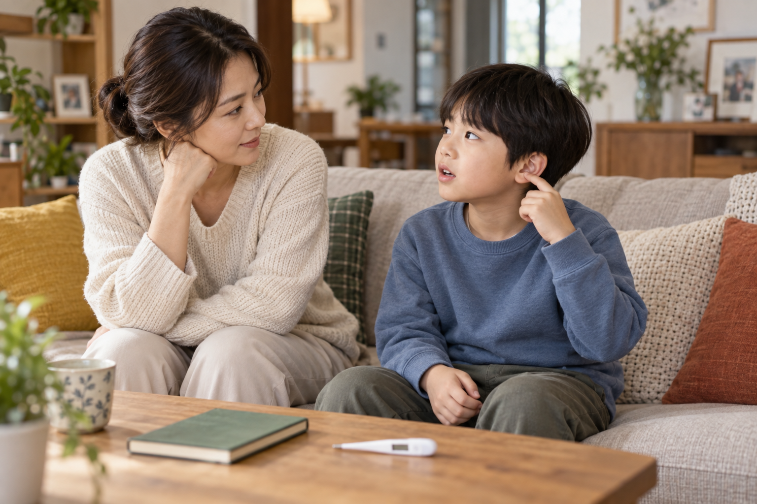 아이 귀 통증을 호소하는 자녀와 대화하는 부모의 실제 생활 장면