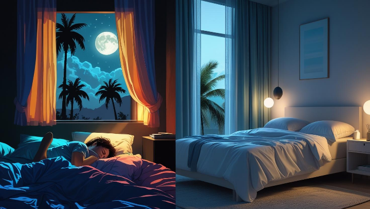 열대야로 잠을 설치는 침실과 숙면 환경이 갖춰진 침실을 비교한 여름 수면 환경 이미지