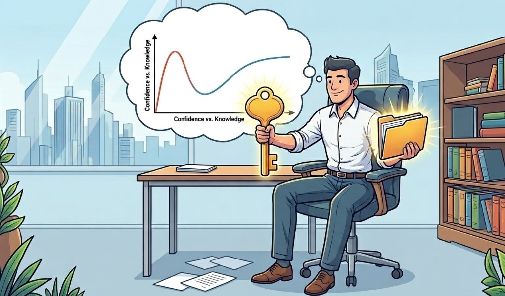 사무실에 앉아 있는 남자가 '자신감 대 지식'(더닝-크루거 효과) 그래프를 생각하며 빛나는 열쇠와 폴더를 들고 있는 모습