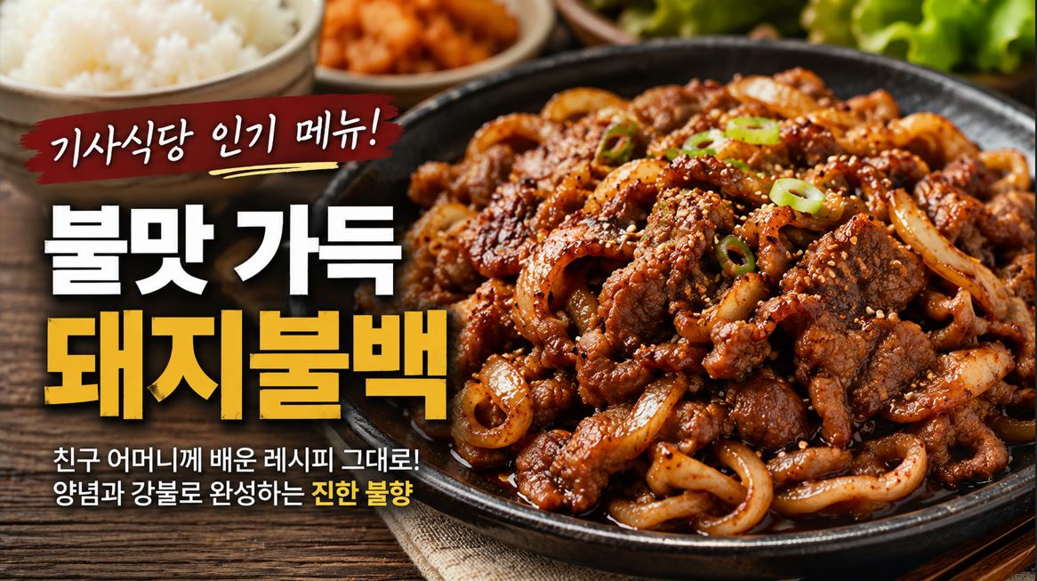 배 음료를 넣어 양념한 돼지고기를 팬에 넓게 펼쳐 구운 돼지불백
