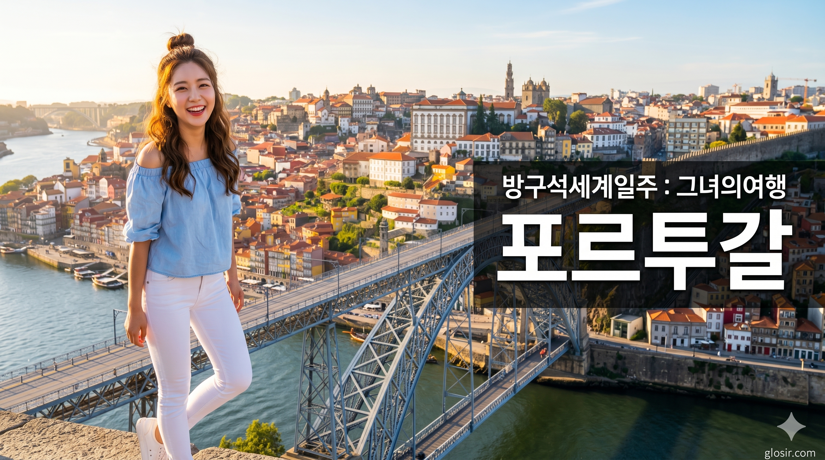포르투갈 포르투의 동 루이스 1세 다리와 도루강 전경을 배경으로, 화면 좌측에 하늘색 오프숄더와 화이트 청바지를 입은 아름다운 22세 한국 여성이 활짝 웃고 있는 여행 커버 사진. 화면 우측에는 '방구석세계일주 : 그녀의여행' 상단 텍스트와 크고 시인성 높은 '포르투갈' 한글 문구, 그리고 우측 하단에 'glosir.com' URL이 명확하게 배치되어 있습니다. 따뜻한 오후 햇살이 비추는 시네마틱 여행 사진입니다.