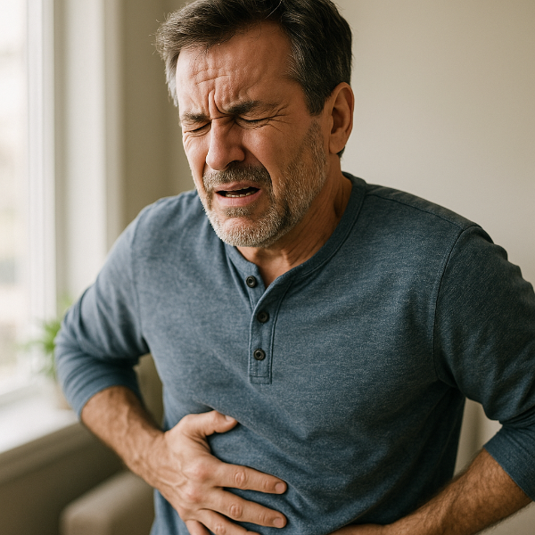 옆구리를 감싸며 통증을 느끼는 중년 남성의 옆모습