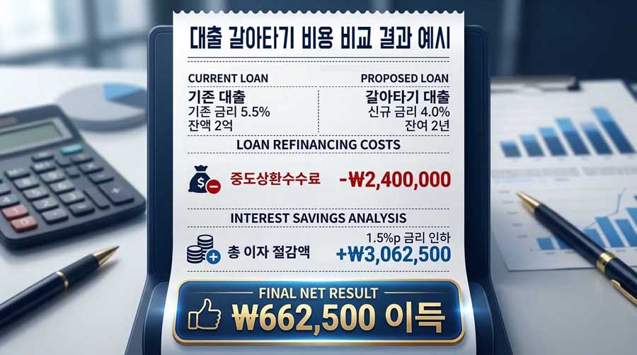 중도상환수수료 계산기를 이용해 대출 갈아타기 시 수수료 비용과 총이자 절감액을 비교해 실질 절감액을 계산한 예시