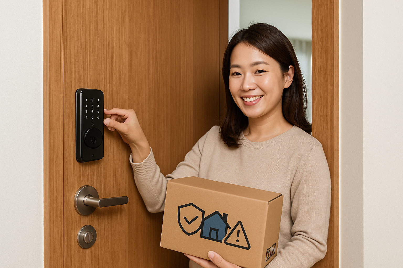 여성안심패키지로 받은 스마트 도어락을 설치하는 30대 한국 여성
