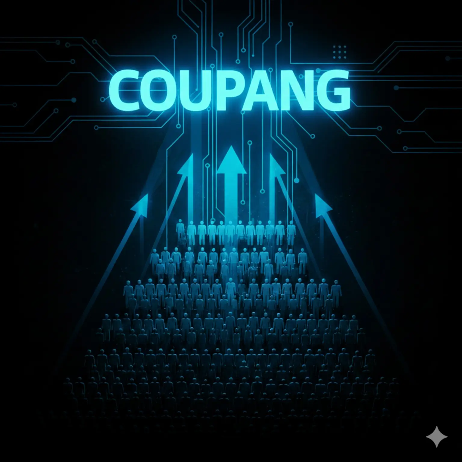 쿠팡 승자독식 구조를 상징적으로 표현한 이미지, 상단에 COUPANG 로고가 있고 아래 다수의 사람 아이콘과 화살표가 위로 집중되는 장면