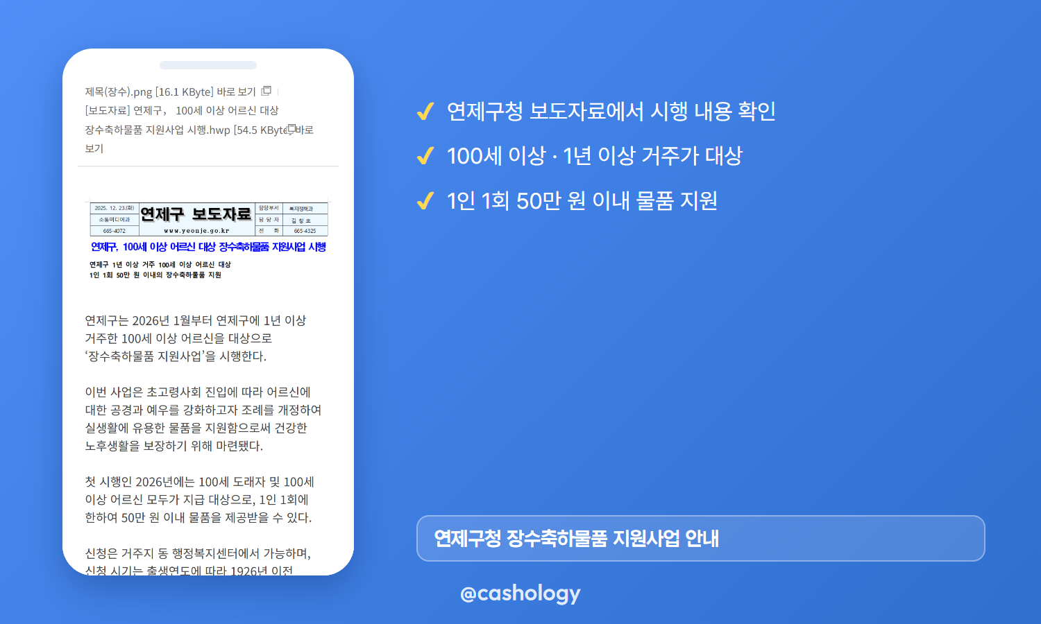 부산 연제구청 장수축하물품 지원사업 보도자료 캡처
