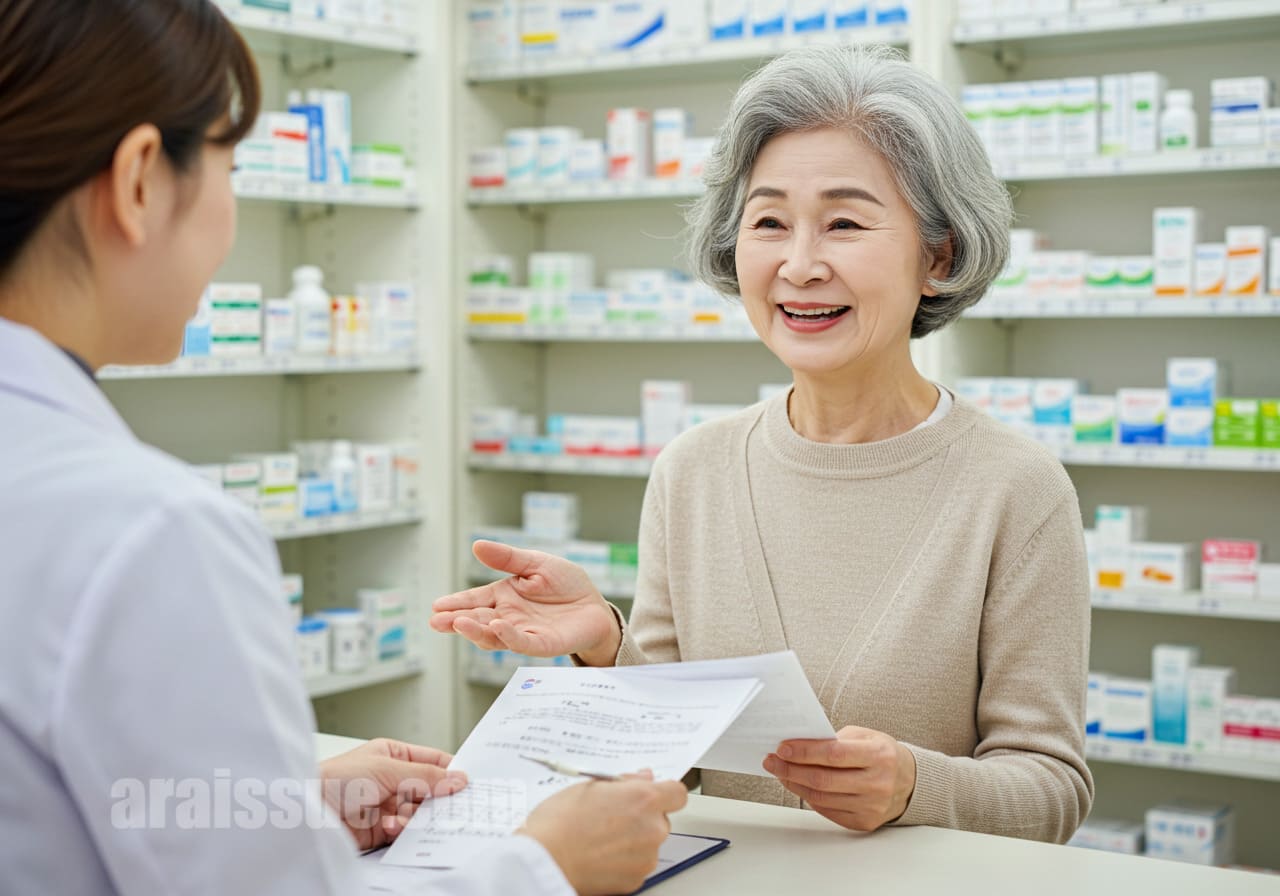 약국에서 절세 혜택을 상담받는 60대 여성