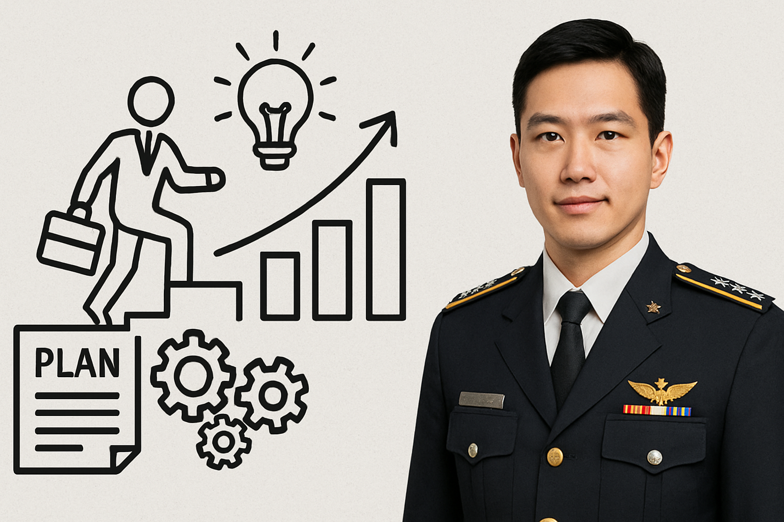 소방공무원-검은-제복을-입은-남성-장교가-오른쪽에-서있고-왼쪽에는-커리어-플랜-상징인-계단-그래프와-전구-아이콘이-그려진-삽화가-배치된-이미지