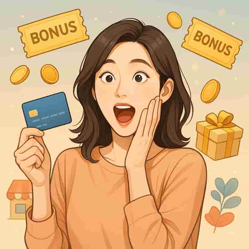 신용카드를 든 젊은 여성이 보너스 쿠폰에 당첨되어 놀라는 모습 의 일러스트