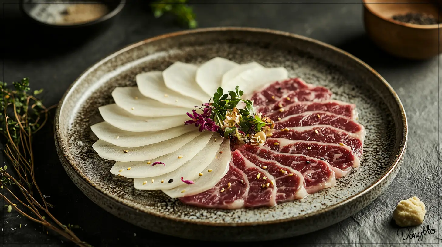 콜라비-먹는법-생으로-먹을-수-있게-쌈처럼-얇게-썰어-고기와-함께-접시에-올려져-있는-모습