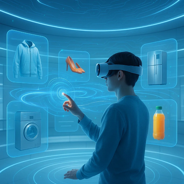 VR 헤드셋을 착용한 사용자가 가상현실 공간에서 의류, 가전, 식품 등 다양한 상품을 선택하는 메타버스 쇼핑 인터페이스를 조작하는 모습의 미래형 디지털 장면