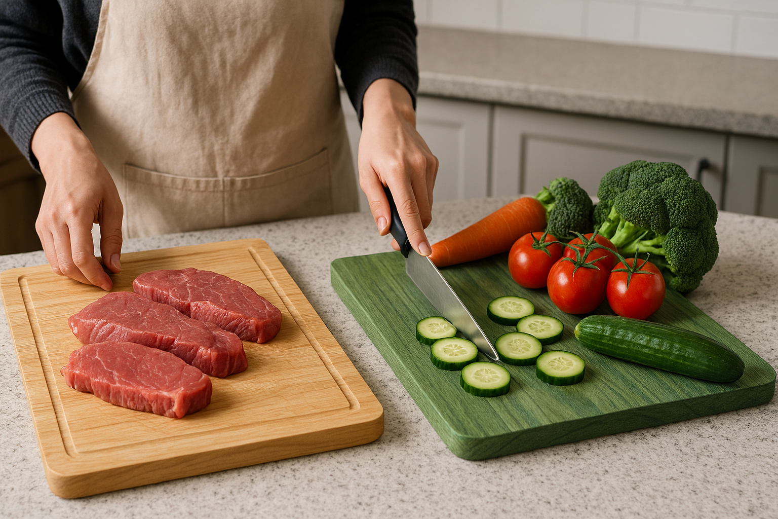 날고기용 도마와 채소용 도마를 색상으로 구분한 이미지