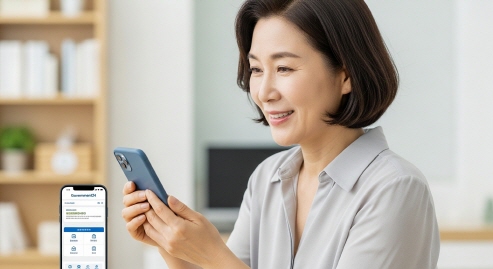 스마트폰으로 정부 서비스 확인하는 중년 여성