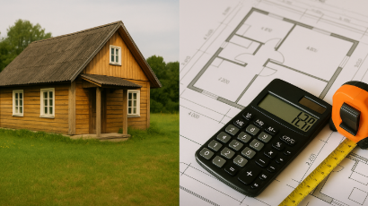 전원 마을의 초록 들판 위에 지어진 아담한 목조 주택과 옆에 놓인 주택 설계도, 계산기, 줄자가 함께 있는 장면