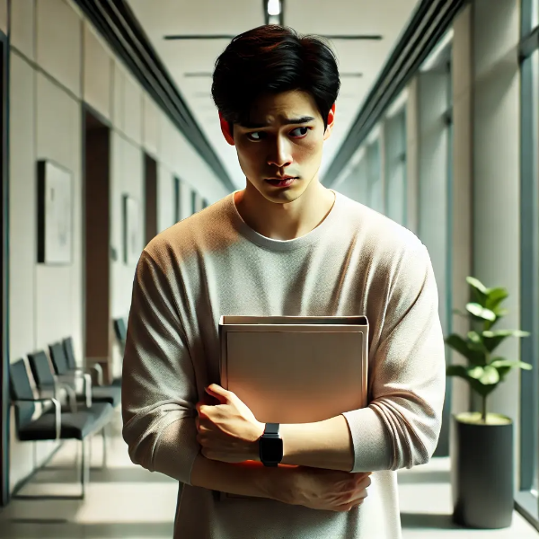 발표 전 복도를 서성이며 긴장한 모습을 보이는 동양인 남성