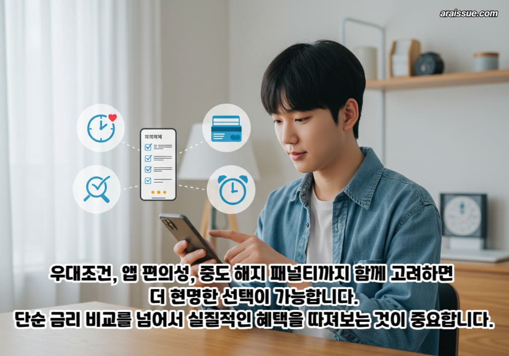 우대조건, 앱 편의성, 중도 해지 패널티까지 함께 고려하면 더 현명한 선택이 가능합니다. 단순 금리 비교를 넘어서 실질적인 혜택을 따져보는 것이 중요합니다.