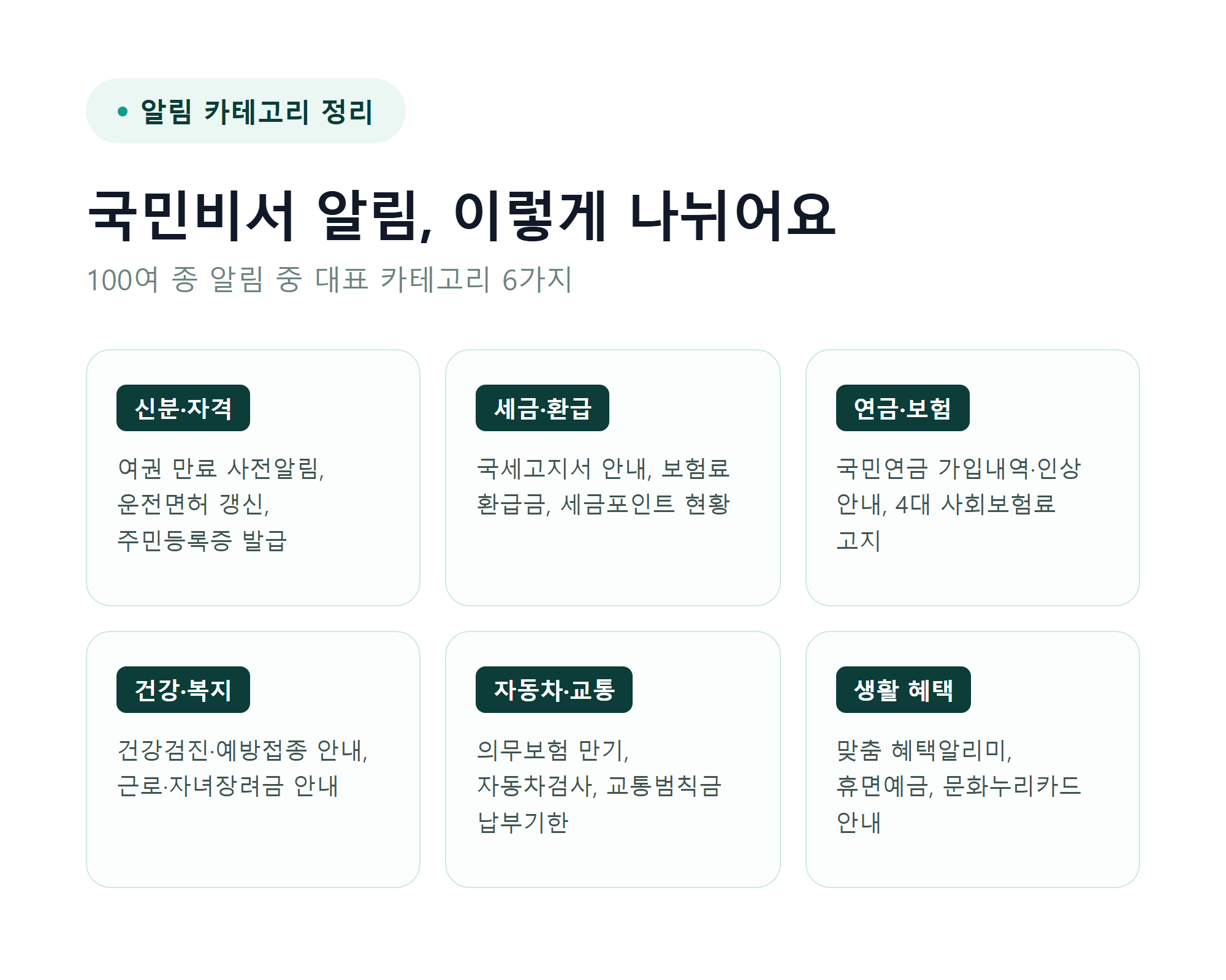 국민비서 알림 카테고리별 정리 - 신분&middot;자격, 세금&middot;환급, 연금&middot;보험, 건강&middot;복지, 자동차&middot;교통, 생활 혜택