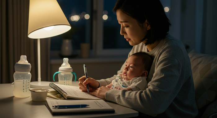 부모가 수유기록 작성하는 장면